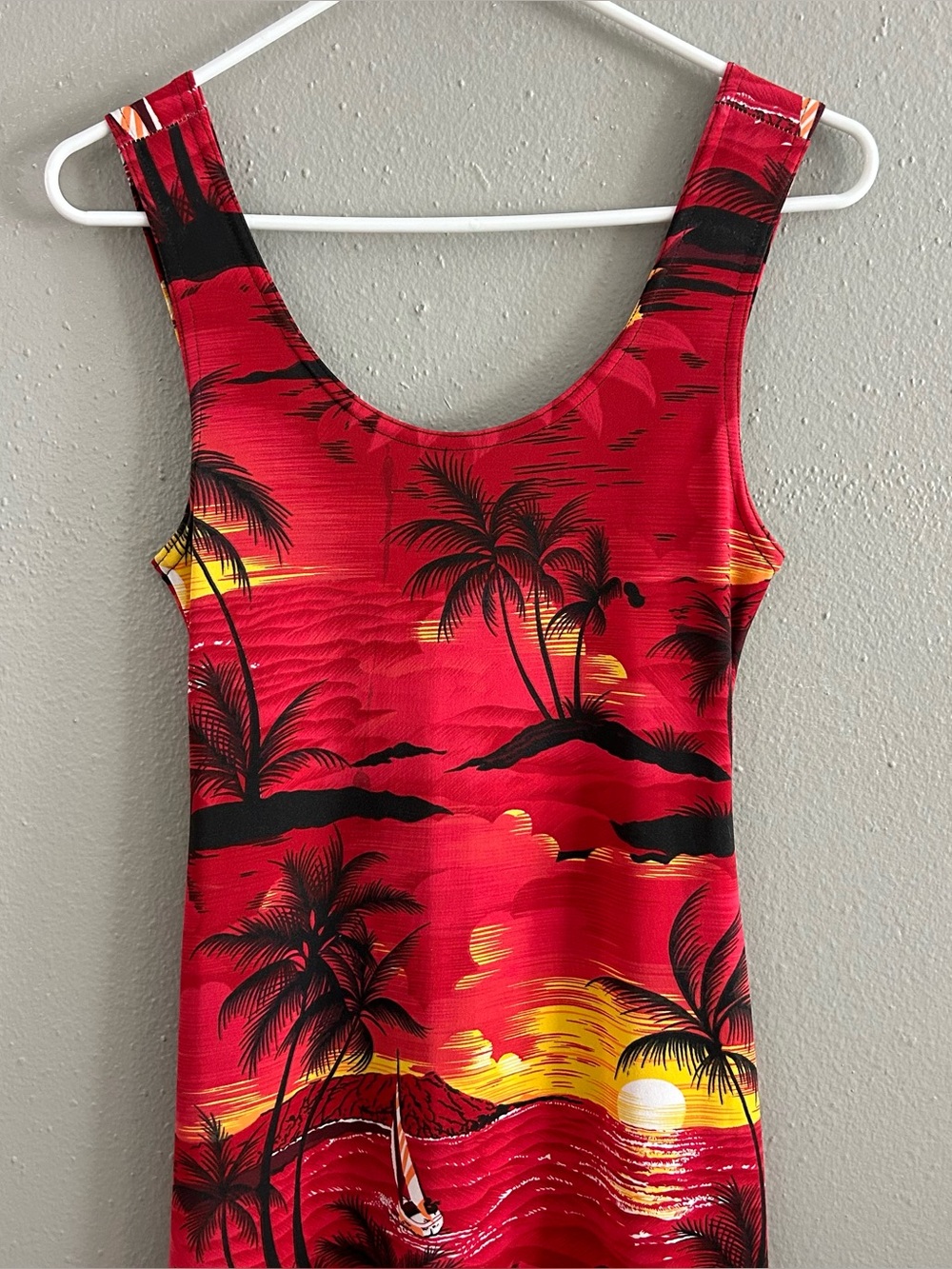Vintage 90s Hawaiian Sunset Tropical Maxi Dress Red Sleeveless Beach Summer Sz M - Picture 2 of 9